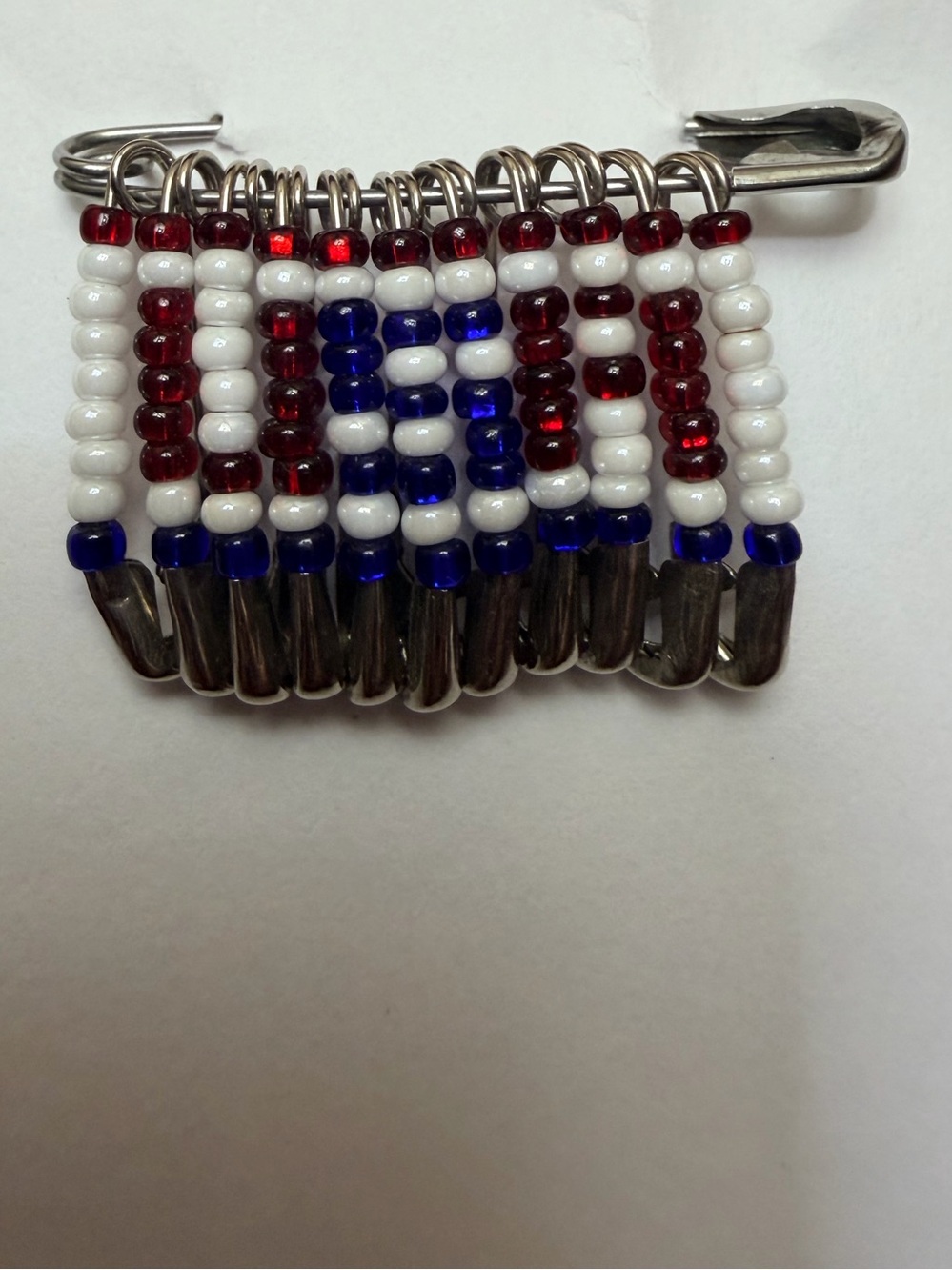 USA Handmade Beaded Safety Pin Brooch - Red White Blue 1 1/2”